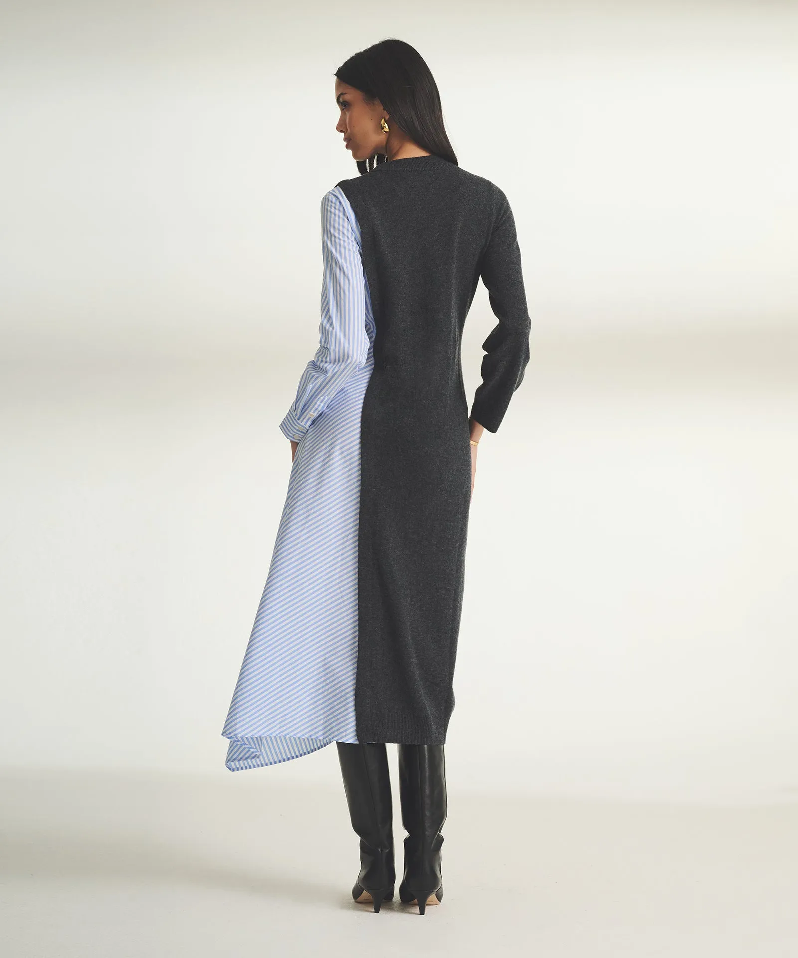 Wool Cashmere Mixed Media Asymmetrical Midi Dress
