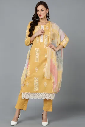Yellow Silk Blend Straight Suit Set
