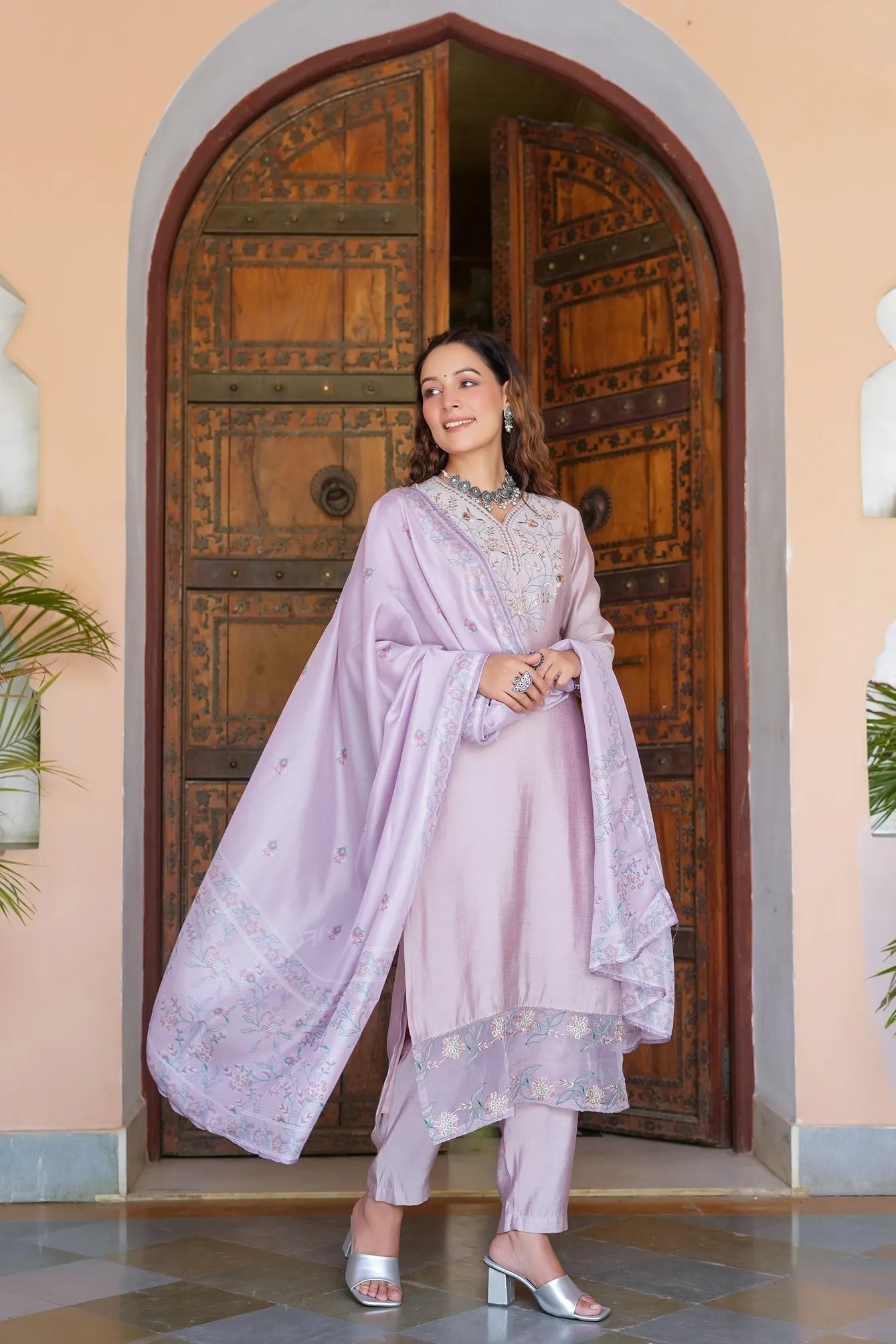Yoke Design Silk Dupatta Set